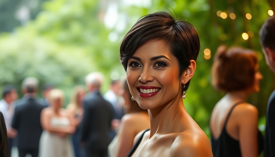 Elegant woman with dark hair smiling at a formal event, showcasing a hair transformation.