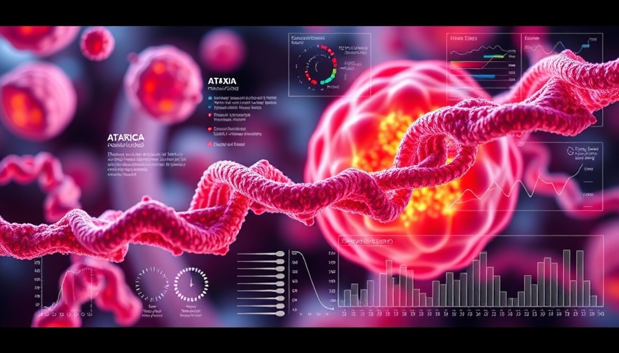 Scientific graphics illustrating molecular basis of ataxia research.