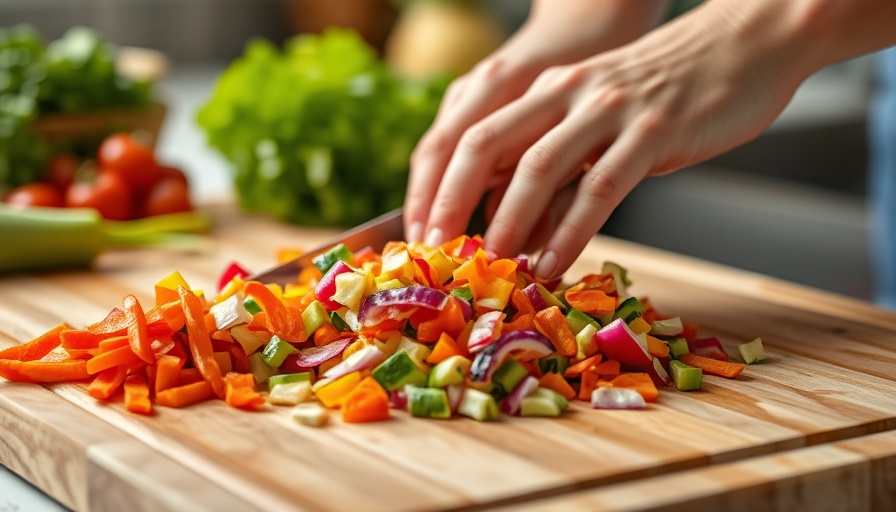 Chopping colorful vegetable scraps on board; health benefits.