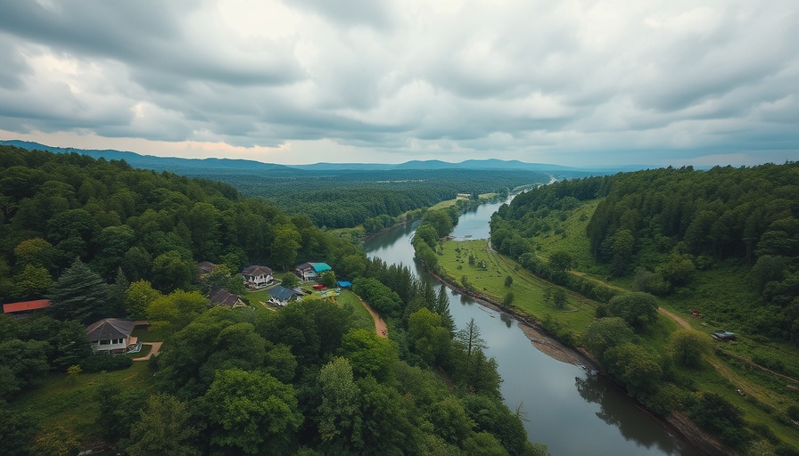 Aerial view of Texas youth camp with lush greenery and river.