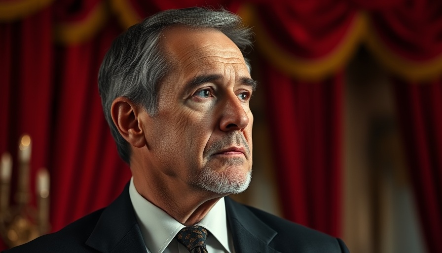 Contemplative mature man indoors, red curtain background.