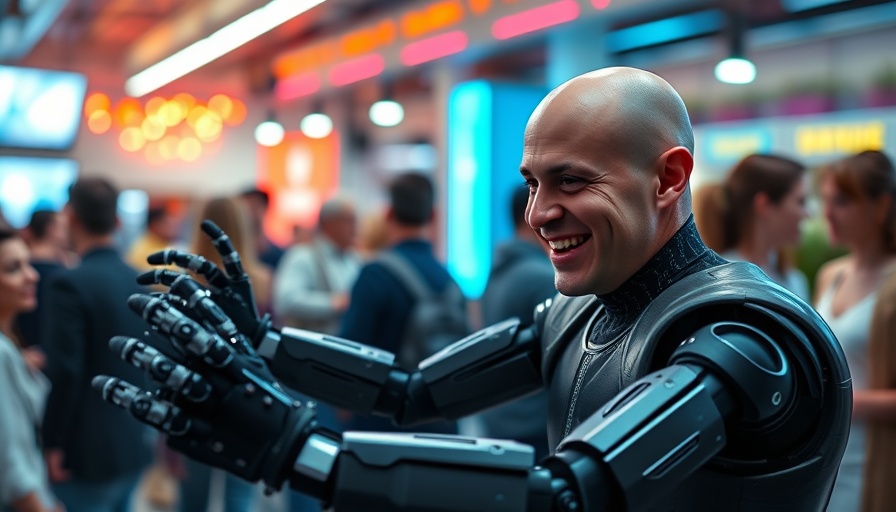 Man interacting with robots in vibrant setting.