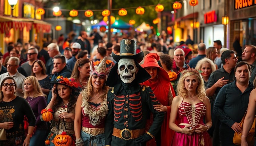 Diverse group in costumes enjoying San Antonio Halloween activities.