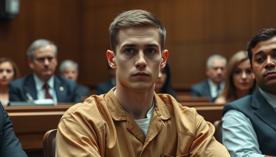 Young man in courtroom wearing prison uniform, Luigi Mangione death penalty charge