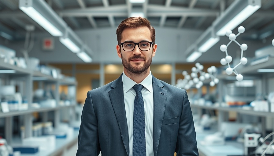 Confident man in suit in a laboratory, molecular models visible. COVID-19 vaccine development.