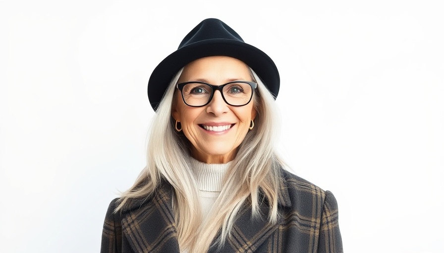 Elegant older woman smiling warmly in plaid coat, soft lighting.