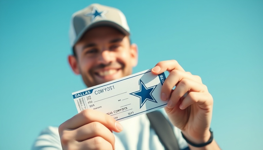 Man smiling holding Dallas Cowboys ticket outdoors, travel experience.