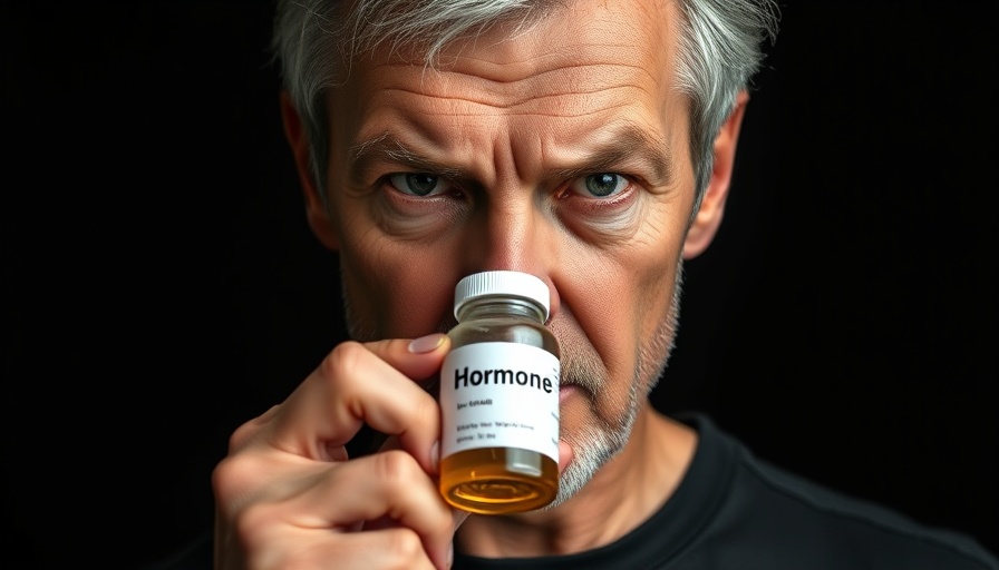 Man with hormone jar discussing menopause symptoms and treatment.