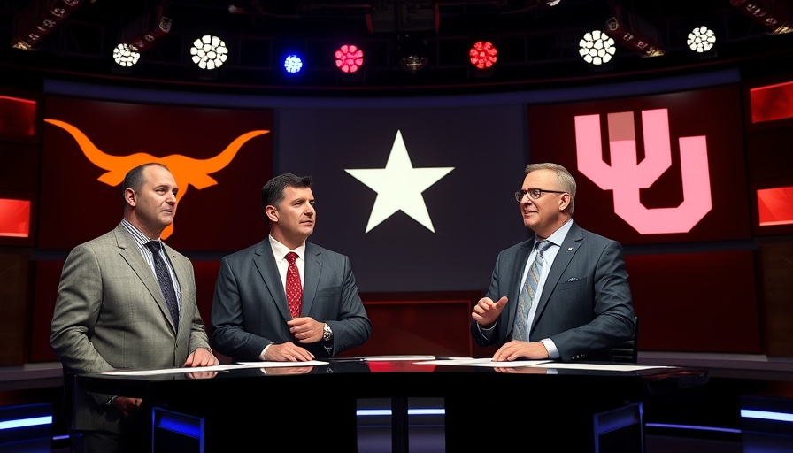 Commentators discussing Texas vs Oklahoma college football scores on air.