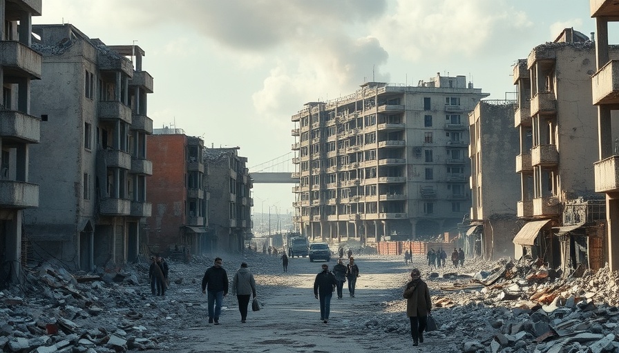 Damaged city after conflict, people amidst rubble, Israel Hamas peace deal context.