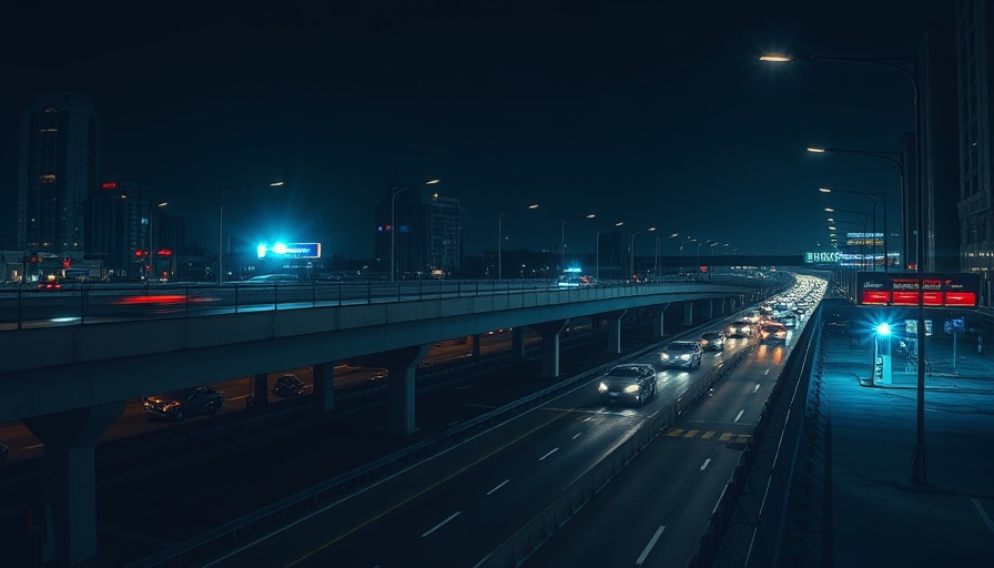 Night scene of highway with police lights, related to murder of Lyft driver.