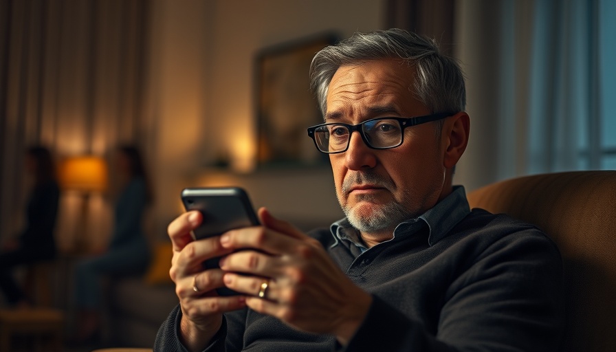 Middle-aged man in chair using smartphone in warm lighting from HBO comedy The Chair Company.