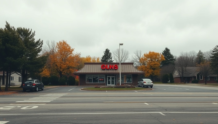 Quiet gun shop in suburban America, highlighting gun violence context.