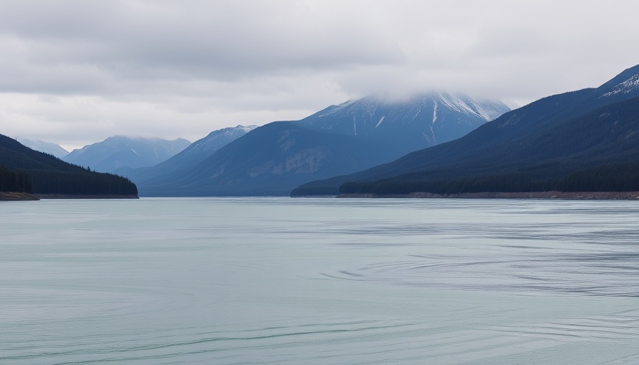 Alaskan river landscape with serene water and mountain backdrop.