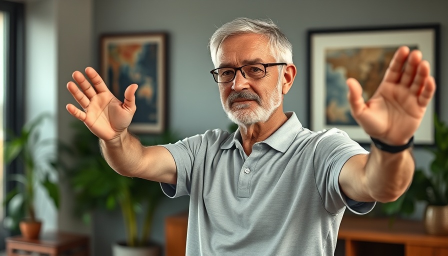 Middle-aged man illustrates technique to reset your nerves and lymph flow indoors.