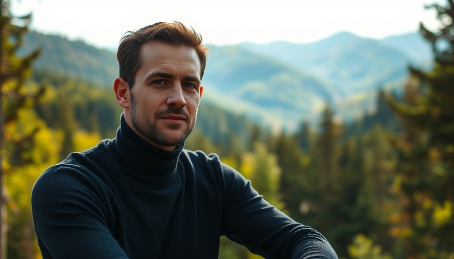 Calm man in black sweater, forest and mountain backdrop.