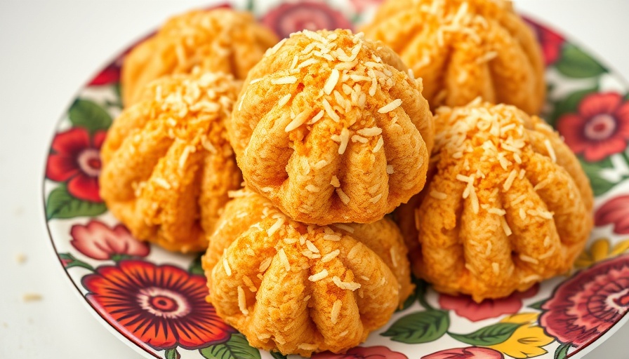 Golden coconut haystack macaroons on a patterned plate, bright light.