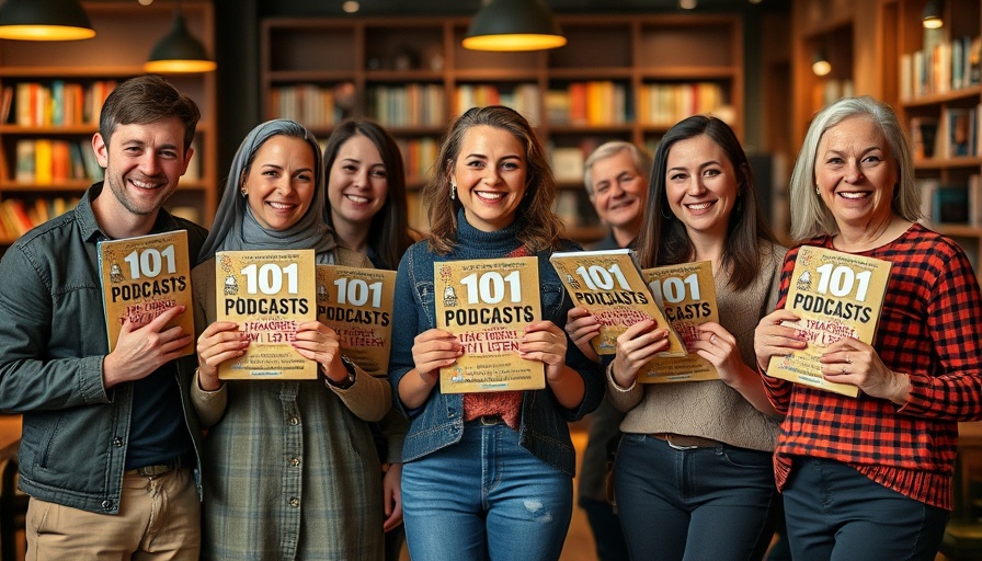 Group holding '101 Podcasts That Changed How We Listen' books in a bookstore cafe.