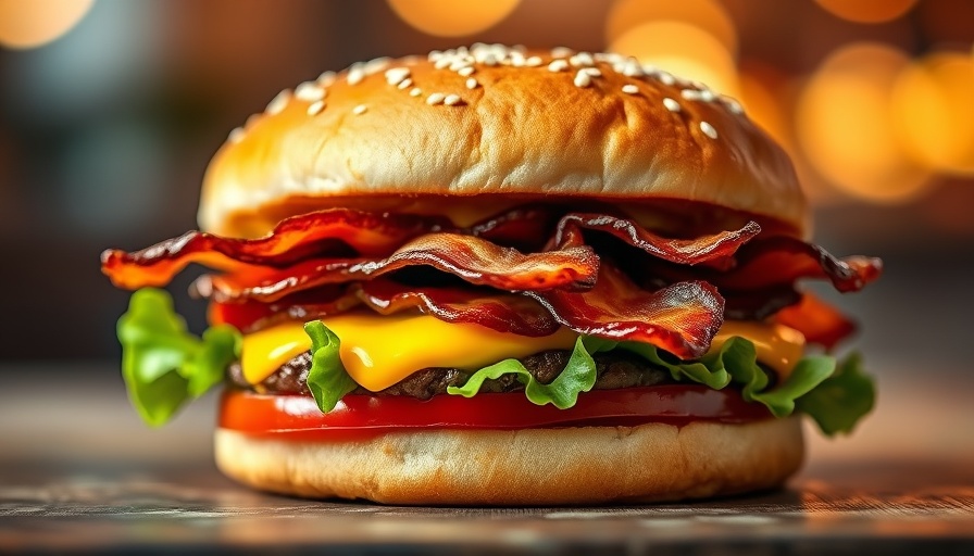 Juicy double cheeseburger with crispy bacon and vibrant toppings.