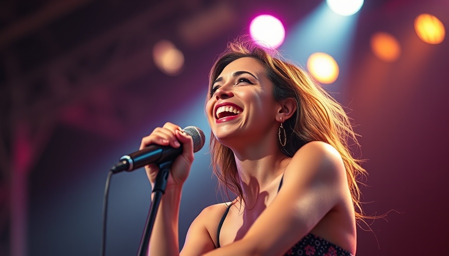 Joyful female performer on stage with colorful lights, Selena y Los Dinos documentary release date.