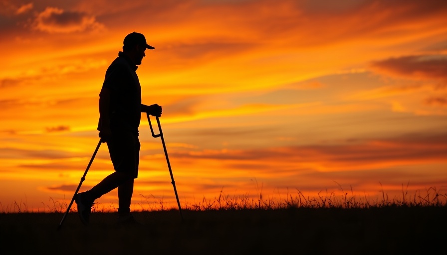 Silhouette with crutches walking at sunset highlights bone health osteoporosis prevention.