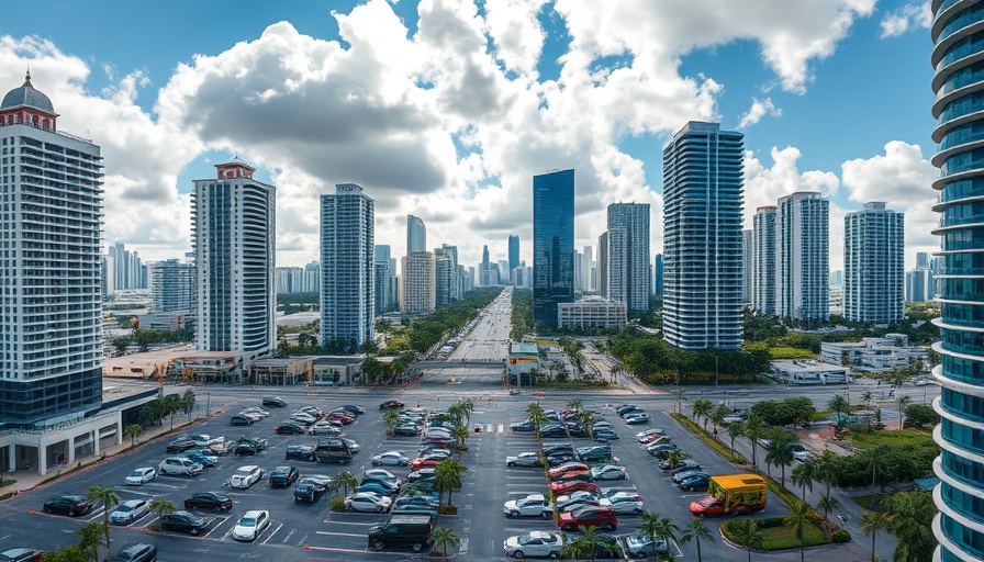 Miami property for Trump Library site, aerial view with skyline and parking lot.