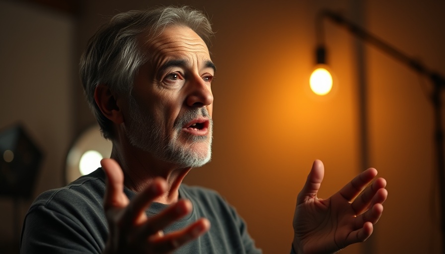 Middle-aged man speaking about mental wellness for seniors in a studio.