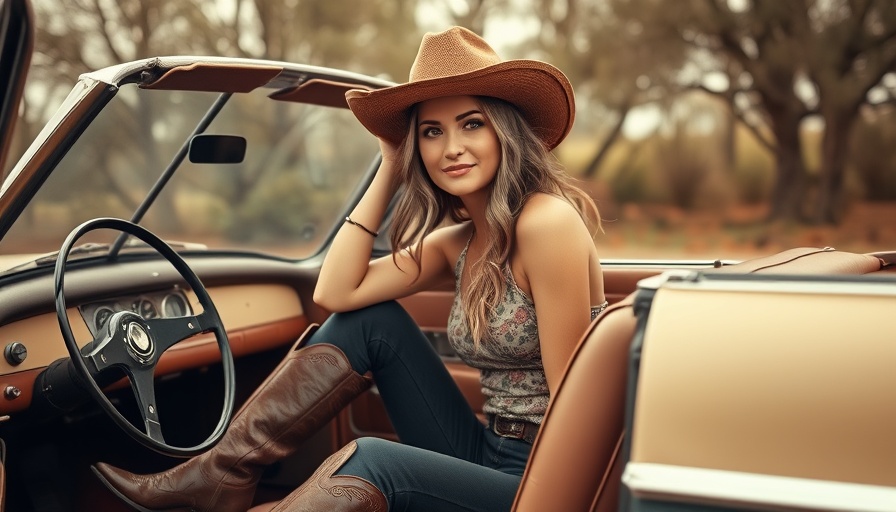 Kendra Scott Boot Collection: Woman in cowboy boots and hat in vintage car.
