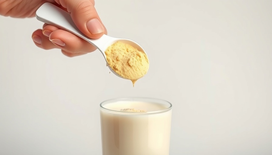 Scoop of protein powder and glass; focus on contamination.