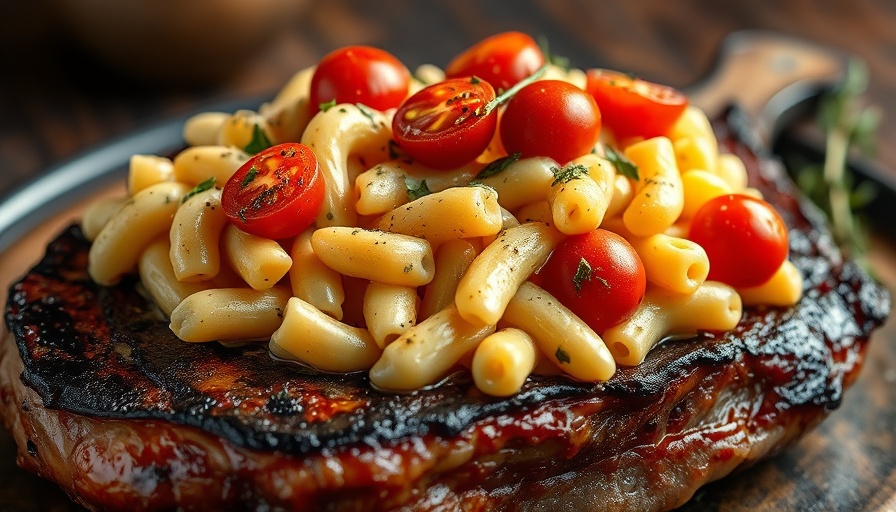 Gourmet mac and cheese topped with tomatoes at Austin Mac & Cheese Festival.