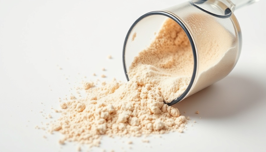 Protein powder with scoop on light background, lead in protein powder discussion.