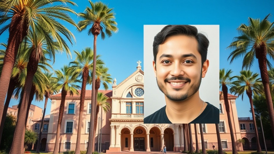 Ornate university building with mugshot overlay, palm trees, blue sky.