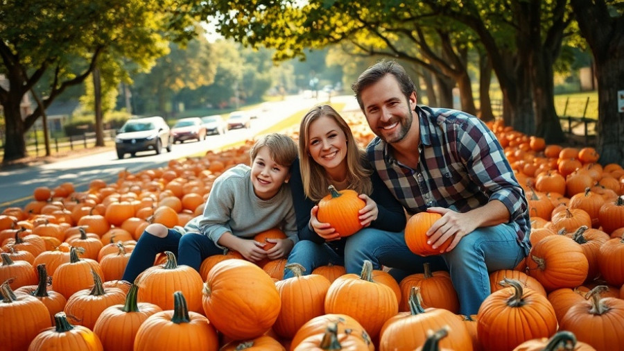 Family enjoying San Antonio pumpkin patch surrounded by pumpkins