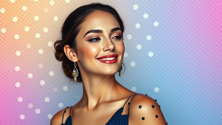 Stylish woman posing gracefully in front of vibrant abstract background.