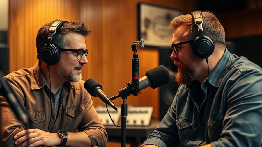 Two men in a podcast studio engaged in a discussion.