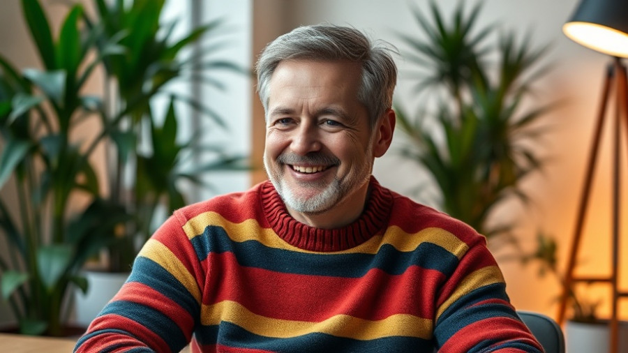 Middle-aged man in striped sweater discussing global climate solutions.