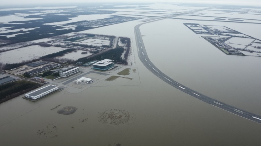 Aerial view of Alaska flood area with submerged buildings.