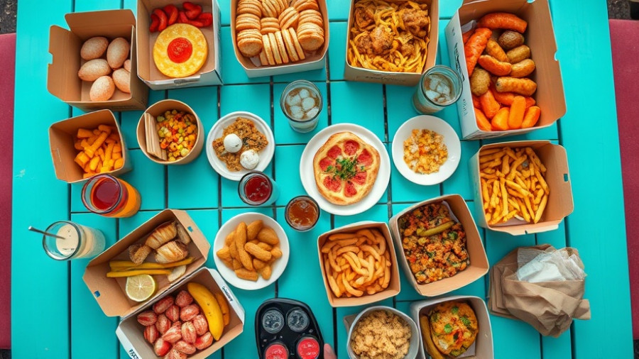 Austin restaurant openings: Colorful food boxes on turquoise table.