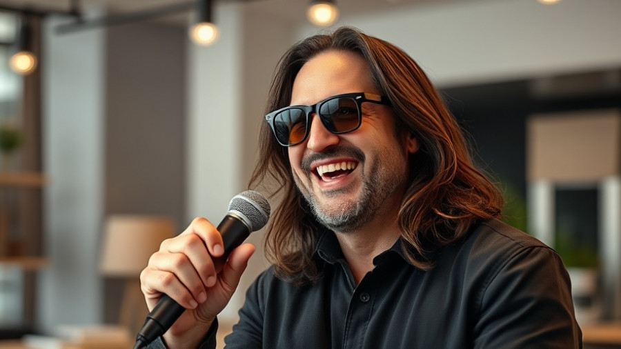 Smiling person in sunglasses holding microphone at interview.