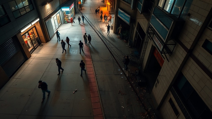 Nighttime aerial shot of Houston alley with police presence.