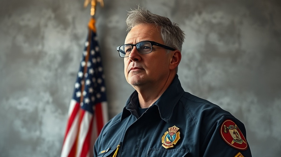 Philadelphia firefighter portrait in uniform with US flag backdrop.