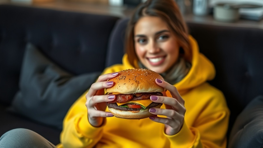Young woman enjoying a burger on a sofa after workout.