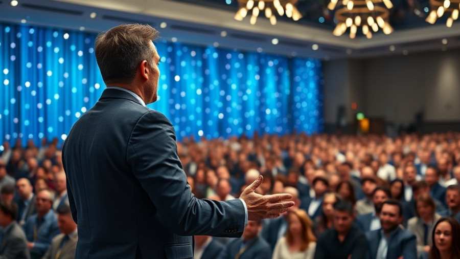 Corporate speaker addressing a large audience at a conference event.