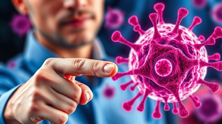 Man pointing at digital cancer illustration, best diet to starve cancer concept.