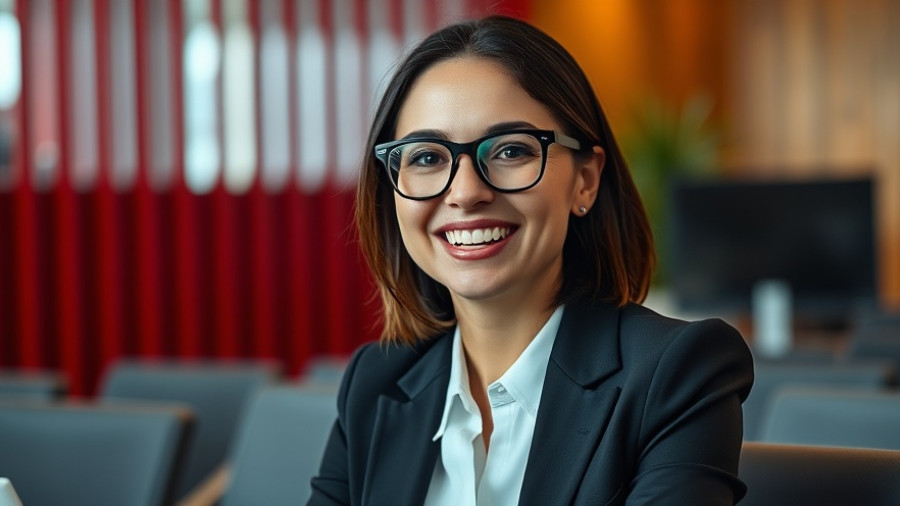 Smiling woman in glasses and black suit in modern office setting related to Mr. Scorsese documentary.