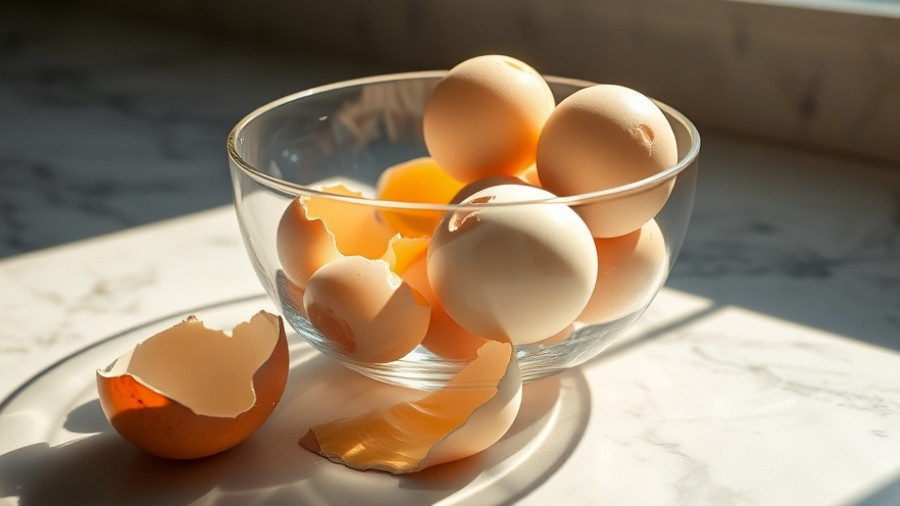 Cracked eggs in glass bowl with eggshells nearby, high protein breakfast ideas.