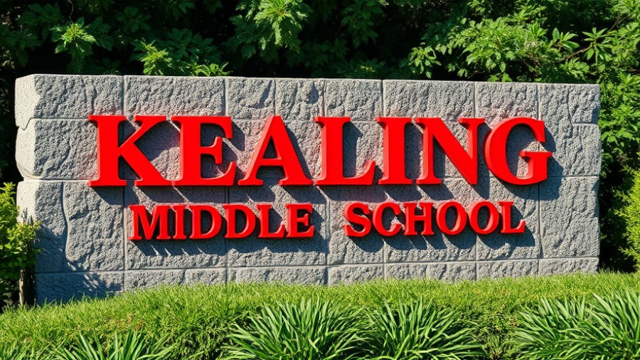 Red Kealing Middle School sign amid greenery.