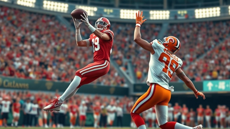 Intense football action with a player in red catching the ball.