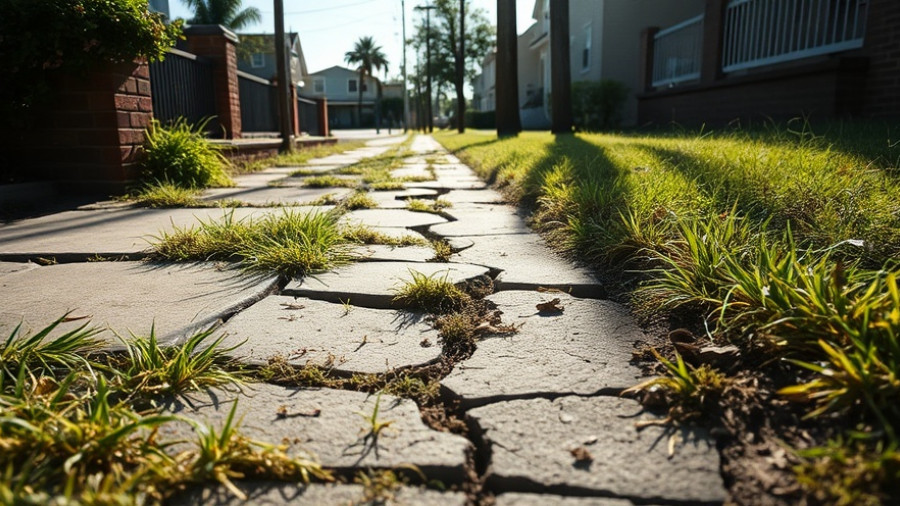 Cracked sidewalk with weeds in San Antonio needing repairs