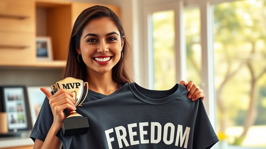 Smiling young woman with MVP award indoors and with a t-shirt outdoors.